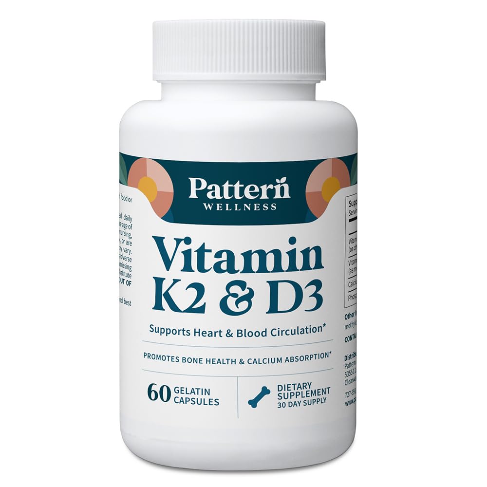 Pattern Wellness Vitamin K2 & D3 συμπλήρωμα με ασβέστιο – Υγεία των οστών, κυκλοφορική ευεξία & ανοσοποιητική υποστήριξη - Μη ΓΤΟ - 60 κάψουλες