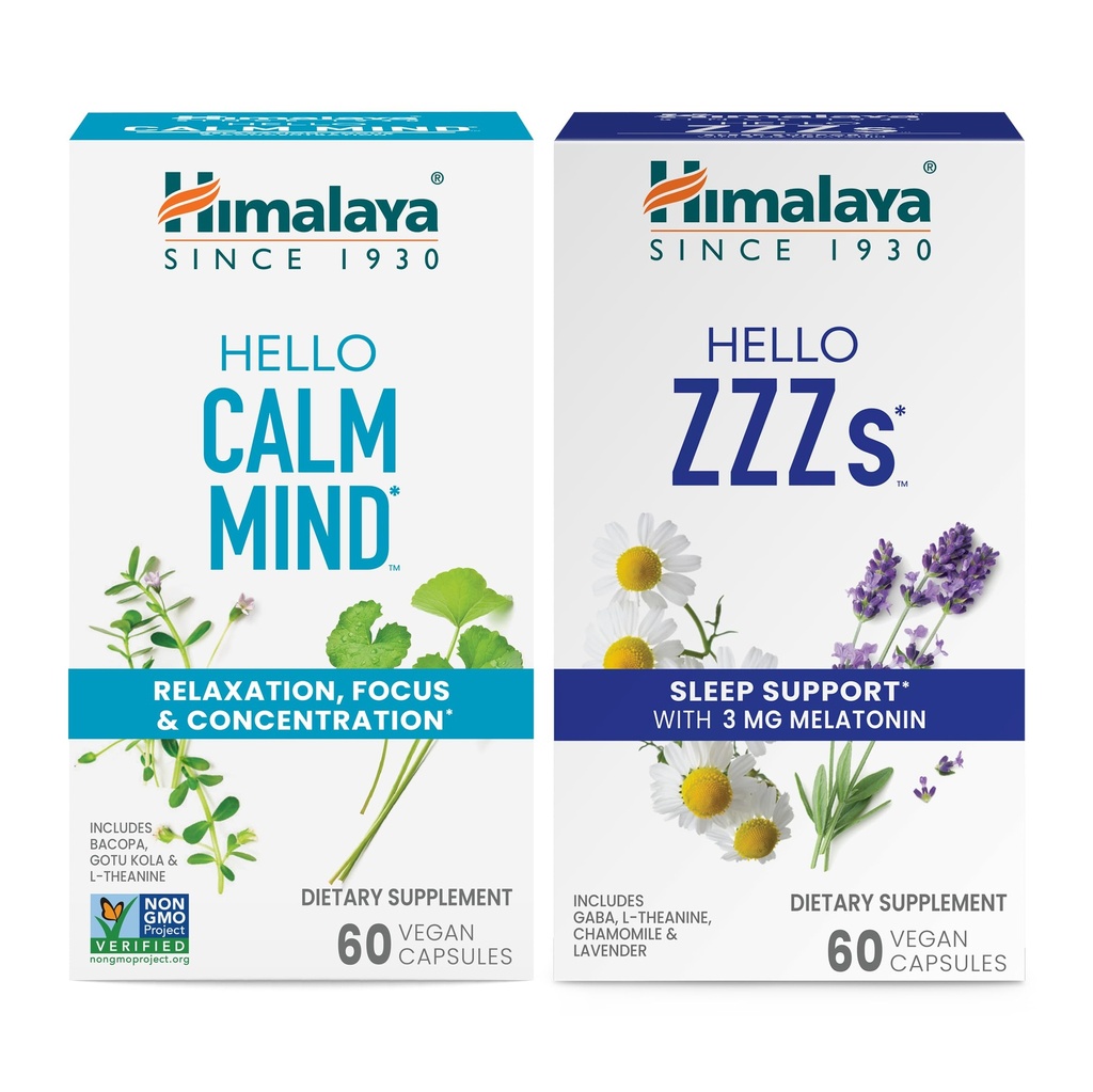 Himalaya Hello Calm Mind with Bacopa for Relaxation, Focus and Concentration & Hello ZZZs with Melatonin for Sleep Support, 60 Κάψουλες Κάθε - Bundle