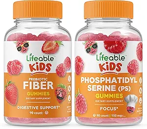 Lifeable Prebiotic Fiber Kids + Phosphatidylserine (PS) Kids, Gummies Bundle - Great Tasting, Vitamin Supplement, Gluten Free, GMO Free, Chewable Gummy