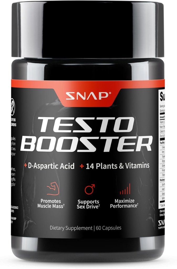 Snap Supplements Testosterone Booster for Men - Promotes Muscle Growth, Booster for Men, Enhancing Natural Energy, Stamina and Strength, 60 Capsules