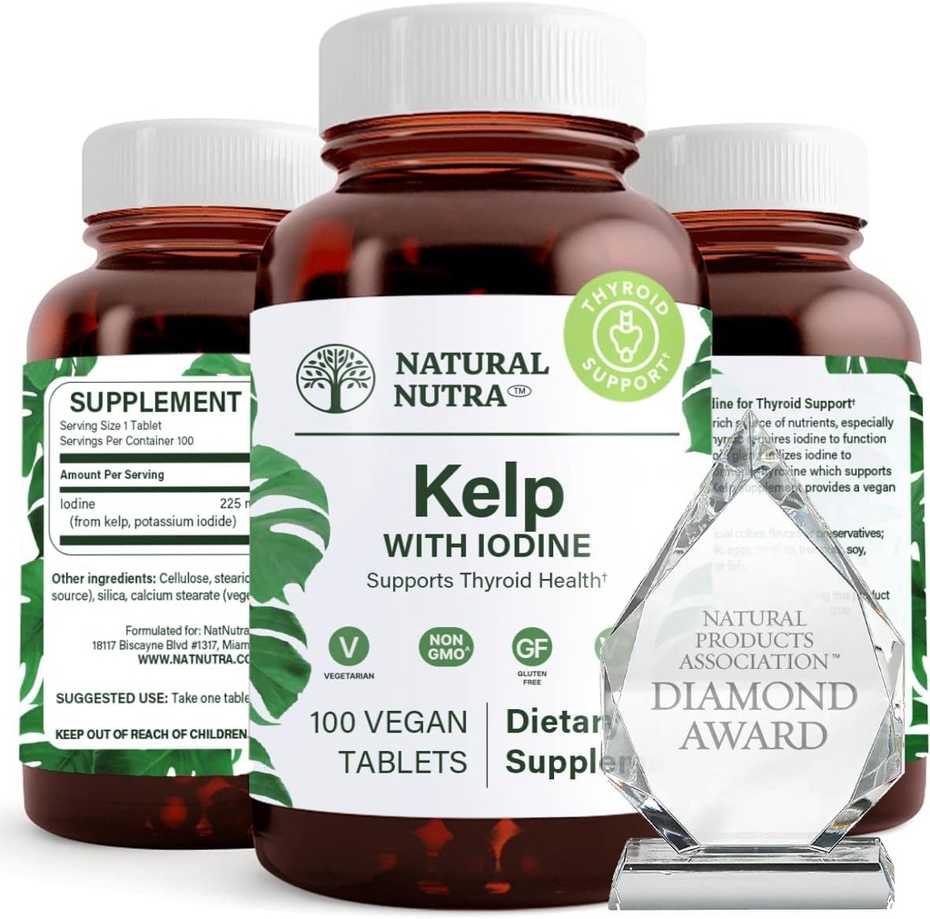 Natural Nutra Kelp Iodine Thyroid Υποστήριξη συμπλήρωμα, Ενισχύει το ανοσοποιητικό σύστημα, και Ρυθμίζει Μεταβολισμό, Vegan Sea Kelp, Μη ΓΤΟ, Atlantic Soured Seaweed Extract, 225 mcg, 100 δισκία