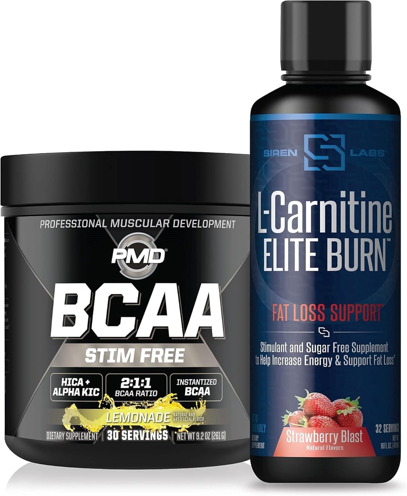 PMD Sports BCAA's Stim Free for Recovery and Performance Lemonade (30 Services) & Siren Labs L-Carnitine Elite Burn Fat Loss Υποστήριξη Φράουλα Blast 3000 mg (32 Services)