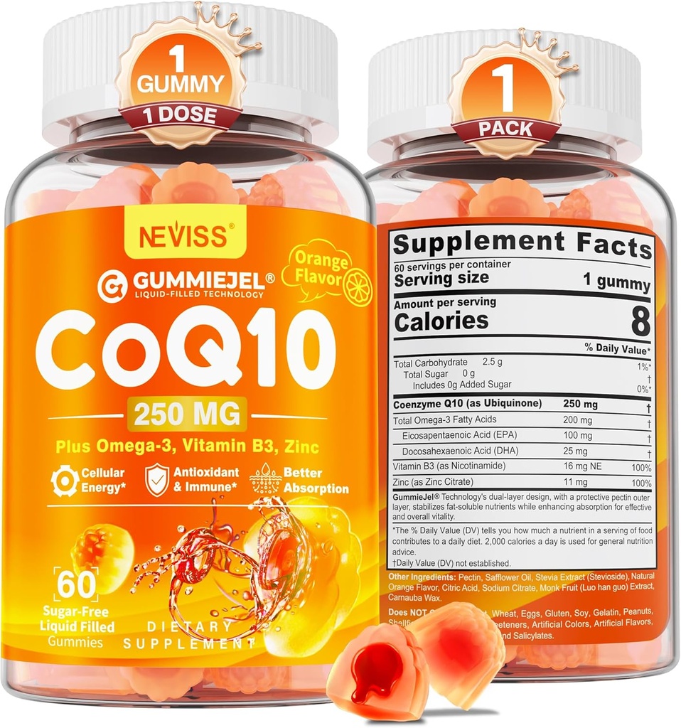Χωρίς ζάχαρη CoQ10-250mg / 500mg πληρωμένα Gummies - Plus Omega-3, EPA + DHA, B3 & ψευδάργυρος - Ultra Co Q-10 συμπληρώματα για Hear-t Υγεία, Κυτταρική ενέργεια, Αντιοξειδωτική υποστήριξη, Μέχρι 60 ημέρες εφοδιασμού, Vegan 60Cts