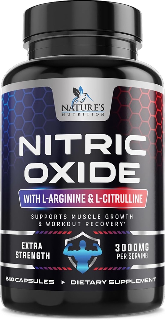Nitric Oxide Booster Extra Strength 3000mg - 3X Δύναμη L-αργινίνη & Κιτρουλίνη, Best Nitric Oxide Συμπληρώματα για τους άνδρες, Υποστηρίζει τους μυς, την υγεία της καρδιάς, το συμπλήρωμα ενέργειας, Εμφιαλωμένο στις ΗΠΑ, 240 κάψουλες