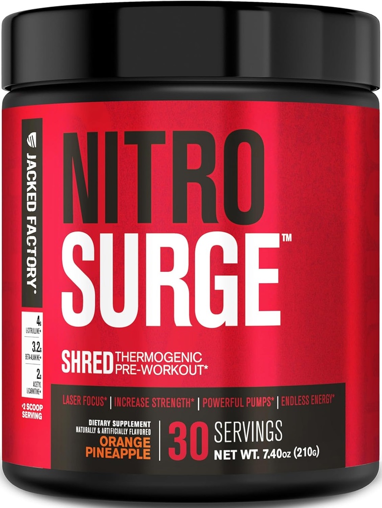 Jacked Factory NITROSURGE Shred Pre Workout Supplement - Ενεργειακός Booster, Άμεση Ενίσχυση Κερδίζει, Sharp Focus, Ισχυρές Αντλίες - Nitric Oxide Booster & PreWorkout Powder - 30Sv, Orange Pineapple