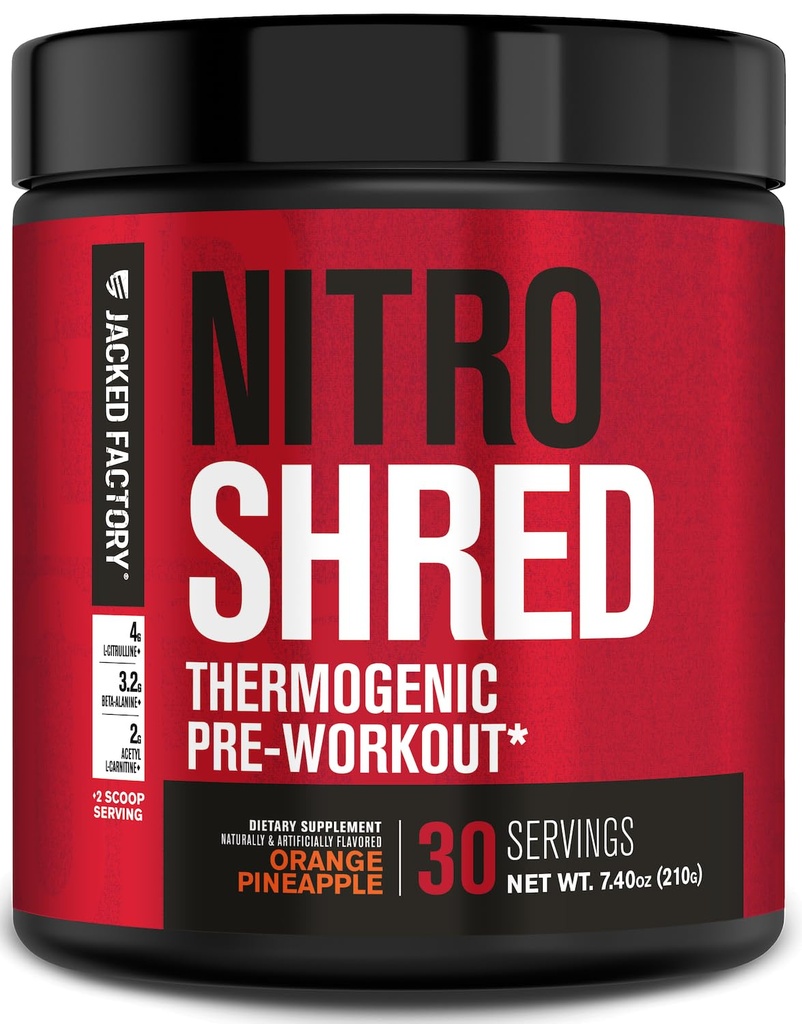 Jacked Factory NITROSURGE Shred Pre Workout Supplement - Ενεργειακός Booster, Άμεση Ενίσχυση Κερδίζει, Sharp Focus, Ισχυρές Αντλίες - Nitric Oxide Booster & PreWorkout Powder - 30Sv, Orange Pineapple
