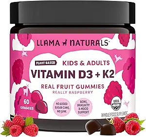 Llama Naturals Vitamin D3, Vegan, Organic Immune Support Supplement, Vitamin D Gummies for Adults and Kids, Real Fruit Gummy Vitamins, Promotes Bone Health, No Added Sugar Cane, Raspberry, 60 Ct