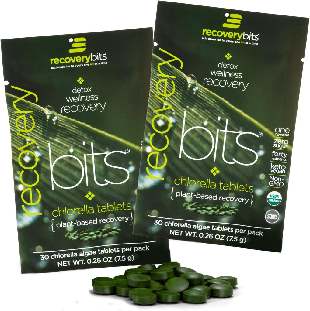 RECOVERYbits Βιολογικά δισκία Chlorella Algae, Superfood, Pure Green Algae, High Protein and Fiber, Chlorophyl, Cracked Cell Wall μη-Irrated, για ανοσοενισχυτική ενίσχυση και Detox, Non- GMO, 60 δισκία