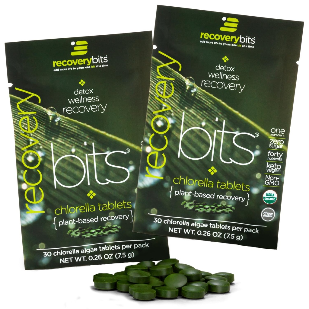 RECOVERYbits Βιολογικά δισκία Chlorella Algae, Superfood, Pure Green Algae, High Protein and Fiber, Chlorophyl, Cracked Cell Wall μη-Irrated, για ανοσοενισχυτική ενίσχυση και Detox, Non- GMO, 60 δισκία