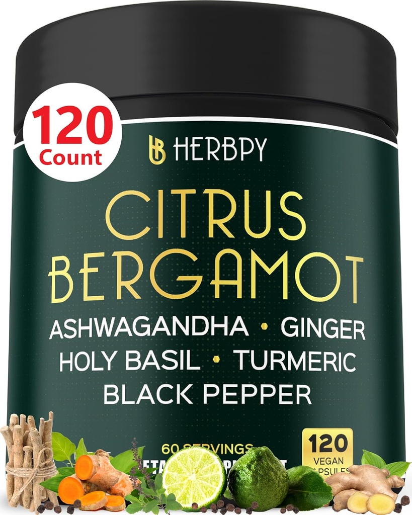 6in1 Citrus Bergamot Supplement with Ashwagandha, Holy Basil, Turmeric & Ginger Root - Υγιεινή γήρανση, ανοσοποίηση & χαλάρωση - 120 κάψουλες Vegan