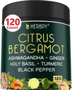 Herbpy 6in1 Citrus Bergamot Supplement with Ashwagandha, Holy Basil, Turmeric & Ginger Root - Healthy Aging, Immune & Relaxation - 120 Vegan Capsules