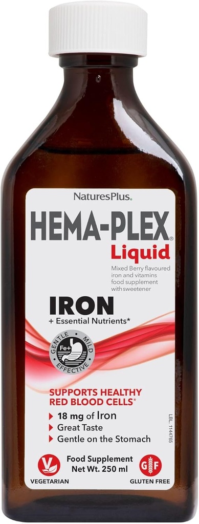 NaturesPlus Hema-Plex Liquid Iron, Mixed Berry - 8.5 oz - Iron & Essent Nutrients - Vegan, Gluten Free - 25 Μερίδες