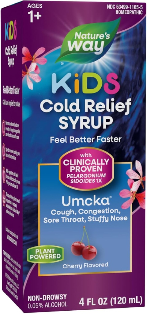 Ο Δρόμος της Φύσης Cold Relief Syrup για τα παιδιά 1+, Umcka, Shortens Διάρκεια & Μειώνει τη σοβαρότητα, Multi-Συμπτώματα Ψυχρή Ανακούφιση, Ομοιοπαθητικά, Phenylephrine Free, Cherry Flavored, 4 Fl Oz (Packaging May Vary)