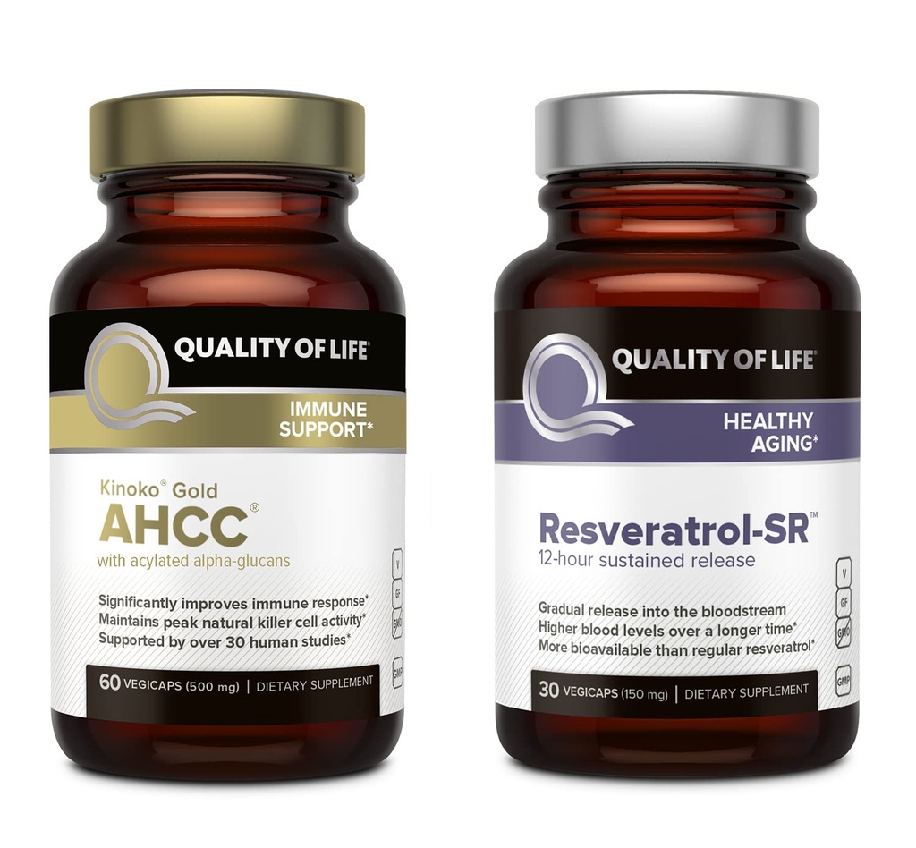 Quality of Life Features Kinoko Gold AHCC and Resveratrol SR Sustained Release Formula - Immune, Healthy Aging Bundle
