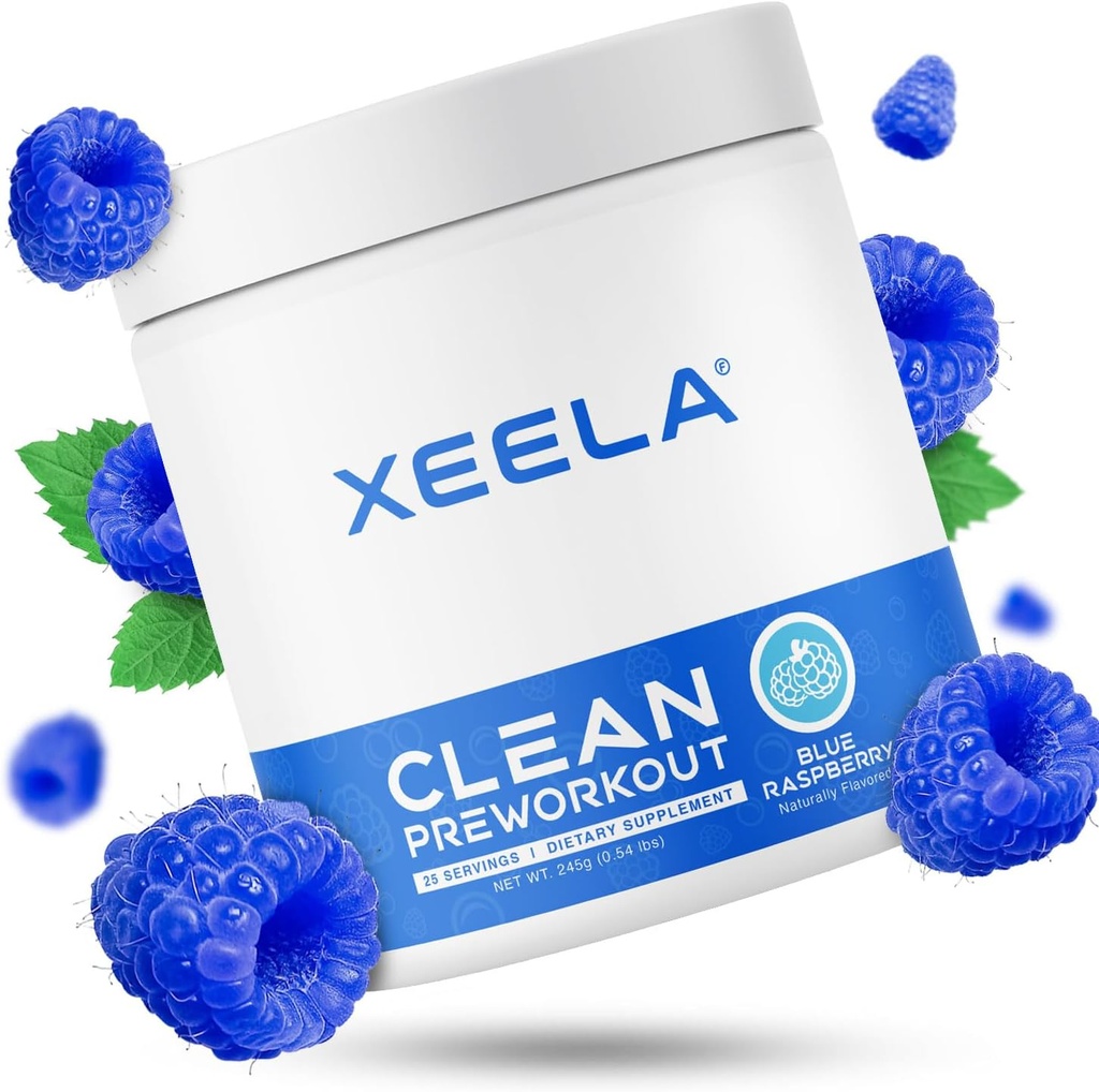 XEELA Pre Workout Powder - Καθαρή & Ελεγμένη - Jitter Free, Ασφαλής, και Φυσική - Αύξηση Θερμογόνο Ενέργεια, Εστίαση, και Αντοχή w/Δημιουργία, Βιολογική καφεΐνη, και Φυτική Citrulline (Blue Raspberry)