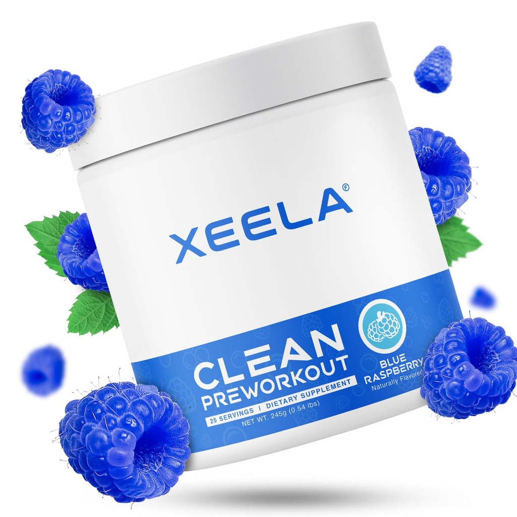 XEELA Pre Workout Powder - Καθαρή & Ελεγμένη - Jitter Free, Ασφαλής, και Φυσική - Αύξηση Θερμογόνο Ενέργεια, Εστίαση, και Αντοχή w/Δημιουργία, Βιολογική καφεΐνη, και Φυτική Citrulline (Blue Raspberry)