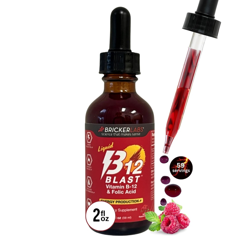 Briker Labs B-12 Blast Liquid Vitamin B12 και συμπλήρωμα φολικό οξύ, παραγωγή ενέργειας υποστήριξης, μεγάλη γεύση υγρή βιταμίνη B12 συμπλήρωμα διατροφής σε φυσικό σμέουρο άρωμα, 2 fl oz μπουκάλι