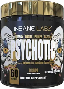 Insane Labz Psychotic Gold, Υψηλής διεγερτικής πριν από την προπόνηση σκόνη, ακραία διαρκής ενέργεια, αντλίες και αντοχή με Beta Alanine, DMAE Bitartrate, NO Booster (60 Servings, Grape)