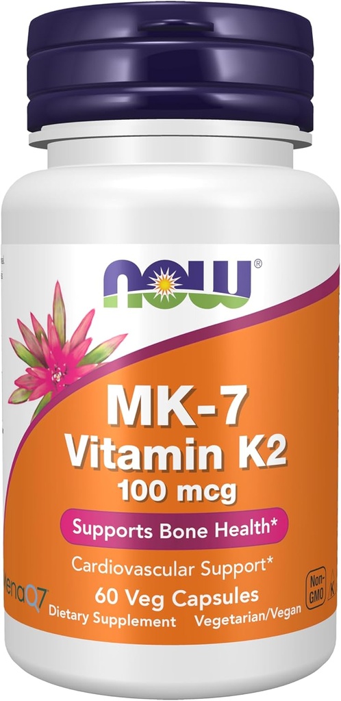 NOW Συμπληρώματα τροφίμων, MK-7 Βιταμίνη K-2 100 mcg, Καρδιαγγειακή Υποστήριξη *, Υποστηρίζει την υγεία των οστών *, 60 κάψουλες Veg