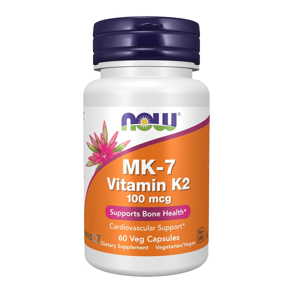 NOW Συμπληρώματα τροφίμων, MK-7 Βιταμίνη K-2 100 mcg, Καρδιαγγειακή Υποστήριξη *, Υποστηρίζει την υγεία των οστών *, 60 κάψουλες Veg