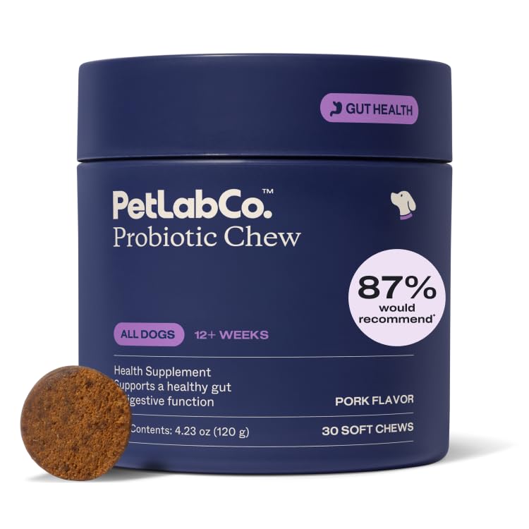 PetLab Co. Προβιοτικά για τα σκυλιά, την υγεία των ούρων υποστήριξης, περιστασιακή διάρροια, Digestive υγεία & εποχιακές αλλεργίες - χοιρινό άρωμα - 30 μαλακά μάσημα - συσκευασία μπορεί να Vary