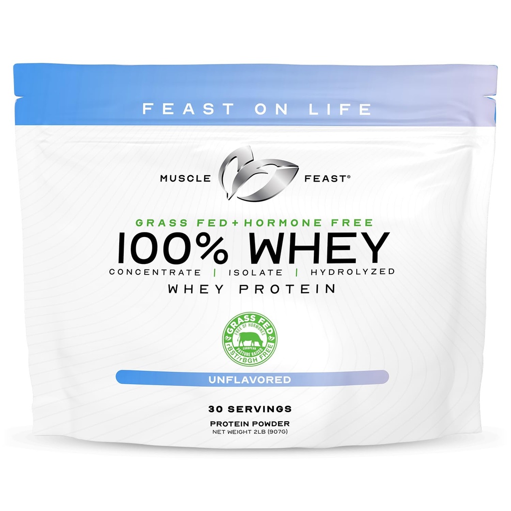 Muscle Feast 100% Grass Fed Whey Protein Powder, All Natural Hormone Free Paure Raised Whey Protein Powder for Women & Men- Whey Concentrate, Isolate & Hydrolyzed Protein Powder Blend- Unflavored, 2lb