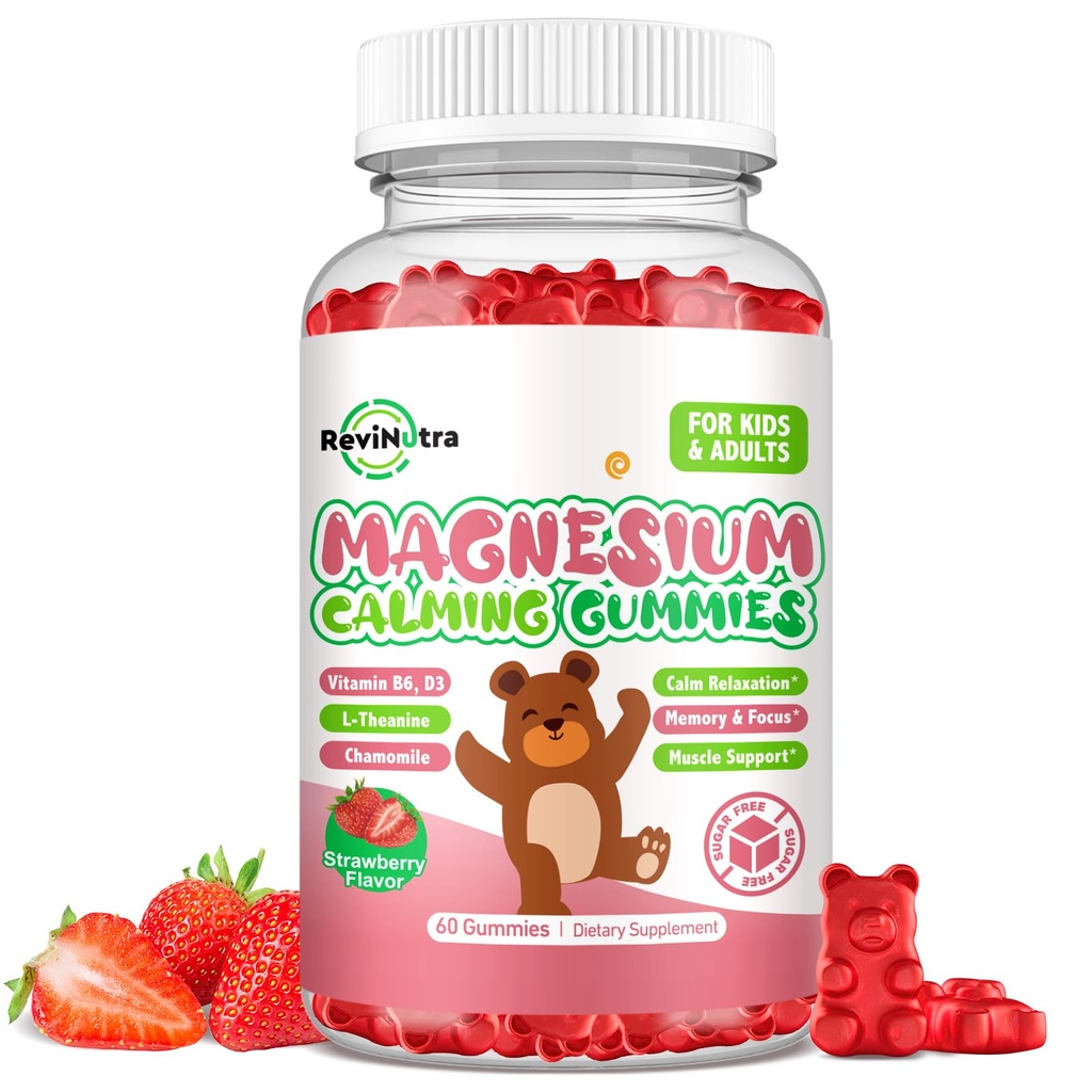 Magnesium Gummies for Kids - Συμπληρώματα Glycinate Gummies μαγνησίου με L-Θεανίνη, Βιταμίνη Β6, D3 για Παιδιά & Ενήλικες Κοιμούνται, Ηρεμούν, Χαλαρώνουν, Εγκέφαλος, Οστά, Χωρίς Ζάχαρη Φράουλα 60ct