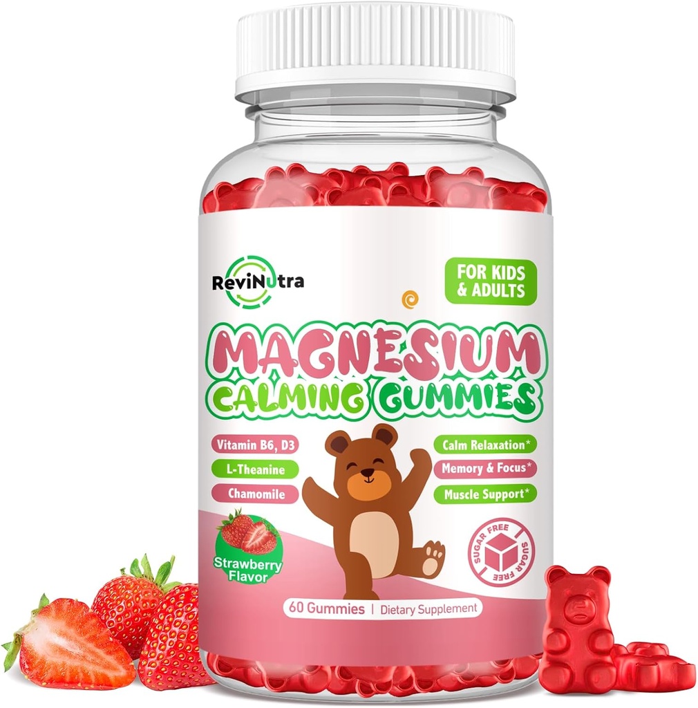 Magnesium Gummies for Kids - Magnesium Glycinate Gummies Supplement with L-Theanine, Vitamin B6, D3 for Kids & Adults Sleep, Calm, Relaxation, Brain, Bones, Sugar Free Strawberry 60ct