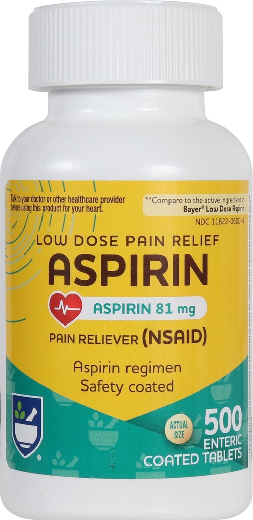 Aspirin Enteric Tablets Rite Aspirin - 81 mg Aspirin - 500 Count - Low-Dose for Panhone Relief - Safety Coated - Aspirin Regimen - Ημικρανία Ιατρική - Πόνος Relief