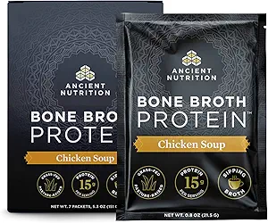 Bone Broth Protein Powder by Ancient Nutrition, Chicken Soup Packets, Grass-Fed Chicken and Beef Bone Broth Powder, 15g Protein Per Serving, Supports a Healthy Gut, 7 Ct