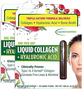 Applied Nutrition Liquid Collagen + Hyaluronic Acid - 10 Liquid Tubes, Pack of 2 - Skin & Nail Restoration - Mixed Berry Flavor - 20 Servings