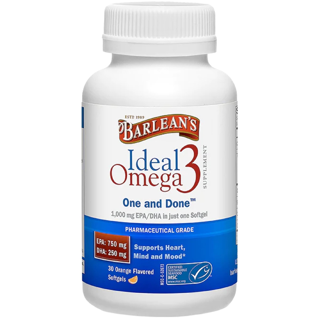 Barlean's Ideal Omega 3 Διατροφικό συμπλήρωμα Softgels με 1.000mg EPA/DHA για την καρδιά, το μυαλό και τη διάθεση - Certified Sustainable Seafood, Pharmaceutical Grade - 30-Count
