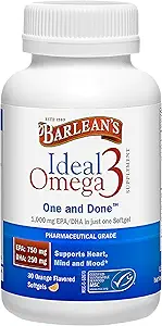 Barlean's Ideal Omega 3 Διατροφικό συμπλήρωμα Softgels με 1.000mg EPA/DHA για την καρδιά, το μυαλό και τη διάθεση - Certified Sustainable Seafood, Pharmaceutical Grade - 30-Count