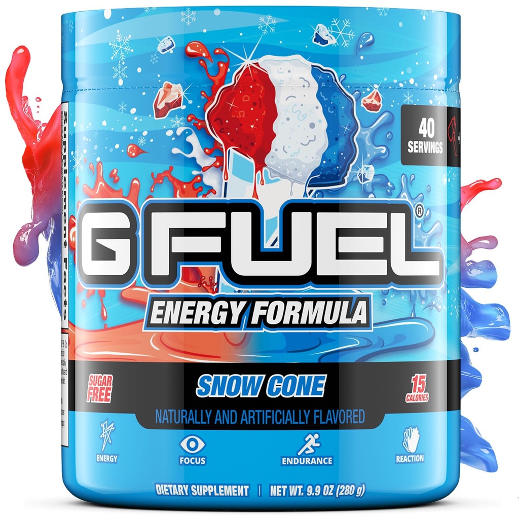 G Fuel Snow Cone Energy Drink Powder, Pre Processed Caffeine Mix for Gaming, Sugar Free Focus Amino, Βιταμίνη + Αντιοξειδωτικά, 9.9oz (Snow Cone, 40 Services)