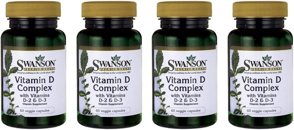 Swanson Vitamin D Complex with Vitamins D2 & D3 - Complex βιταμίνης Sunshine για οστά, οδοντιατρική και ανοσοποιητική υγεία - συμπλήρωμα βιταμίνης (50 mcg, 60 κάψουλες λαχανικών) 4 Συσκευασία