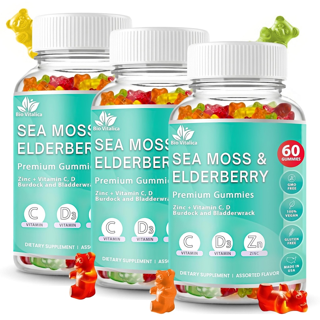 BIO VITALICA Sea Moss Gummies Elderberry BioVitalica - Βιταμίνη C D + Ψευδάργυρος - Irish Seamoss Vegan Gummy με Sea Moss Gel & Powder για Ασυλία, Detox - για Ενήλικες και Παιδιά (3Packs)
