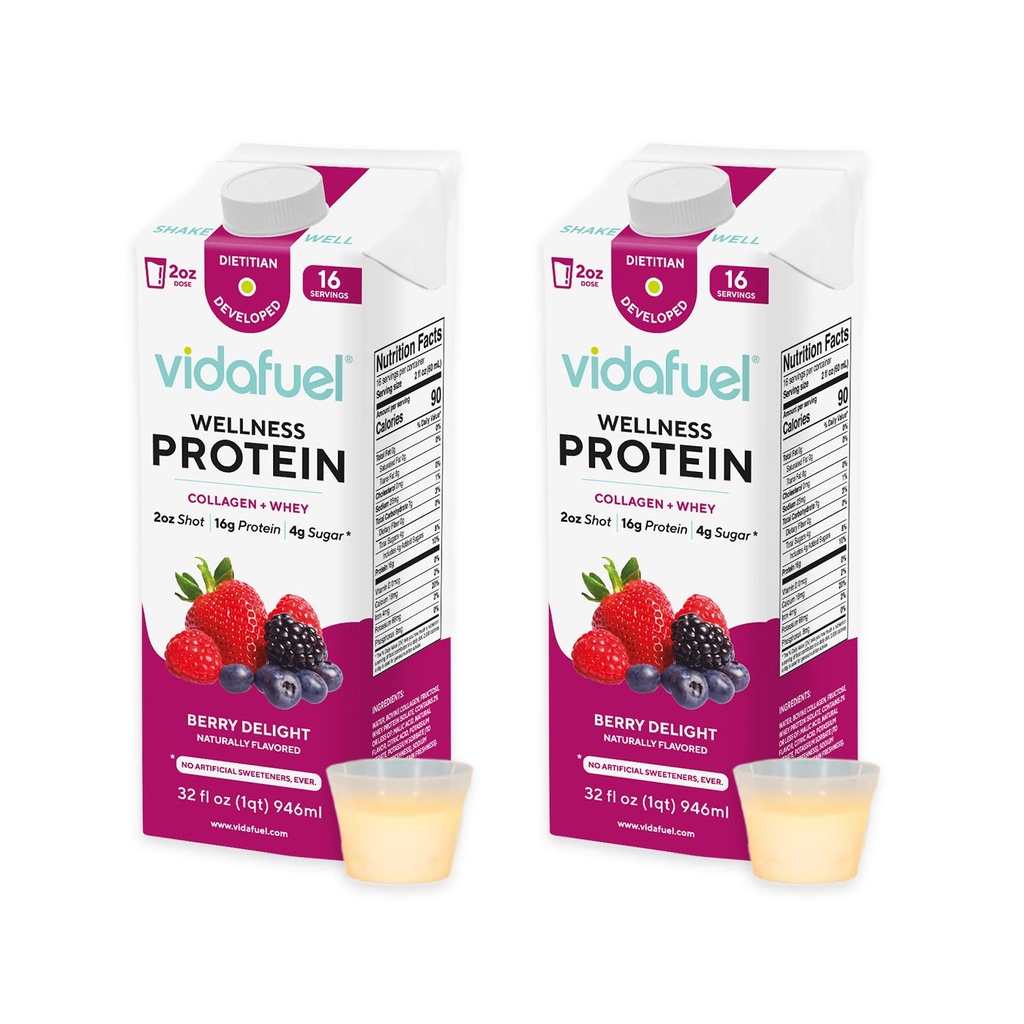 Vidafuel Wellness Protein Drink, 16g Protein per 2oz Shot, 32 fl oz Carton, 2 Pack, Berry, Collagen and Whey Drink, No Artificial Sweeteners