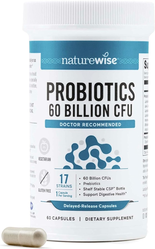 NatureWise Probiotics 60 Billion CFU - 17 Strains + Organic Prebiotics - Ανοσοποιητικό, Digestive & Gut Health Support for Women & Men - Χορτοφαγικά, Χωρίς Γλουτένη, Μη ΓΤΟ - 60 Κάψουλες[2-Month Supply]