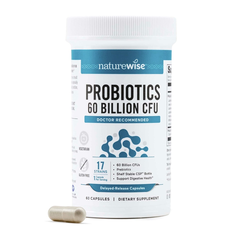 NatureWise Probiotics 60 Billion CFU - 17 Strains + Organic Prebiotics - Ανοσοποιητικό, Digestive & Gut Health Support for Women & Men - Χορτοφαγικά, Χωρίς Γλουτένη, Μη ΓΤΟ - 60 Κάψουλες[2-Month Supply]