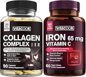 Collagen Peptides and Iron Bundle, 2025 MG Collagen, Zero Sugar, 65 MG Elemental Iron, Carbonyl Iron with Vitamin C, Απαλό στο στομάχι