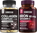 Collagen Peptides and Iron Bundle, 2025 MG Collagen, Zero Sugar, 65 MG Elemental Iron, Carbonyl Iron with Vitamin C, Απαλό στο στομάχι