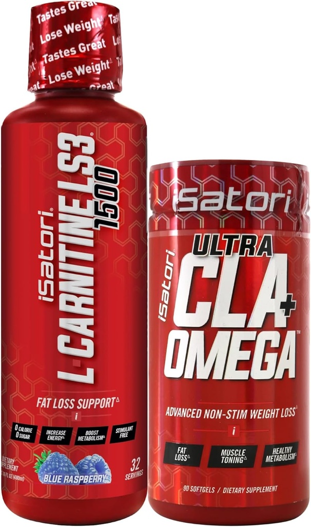 iSatori L-Carnitine LS3 Blue Raspberry 1500mg (32 Servings) Ultra CLA (90 Softgels), Liquid L-Carnitine with Acetyl, Omega 3 6 9 Safflower Oil
