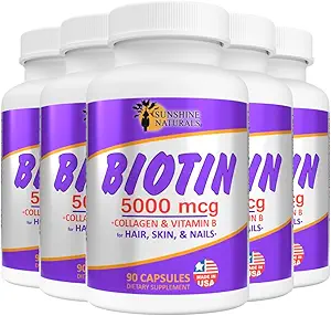 Sunshine Naturals Biotin Dietary Supplement. for Healthier Skin, Thicker Hair, Nail Growth. Κολλαγόνο, Βιταμίνη Α, Β για Απώλεια μαλλιών, Ομορφιά, Ανανέωση κυττάρων, Scalp Υγεία. 5000 mcg. 90 Κάψουλες. Συσκευασία των 5