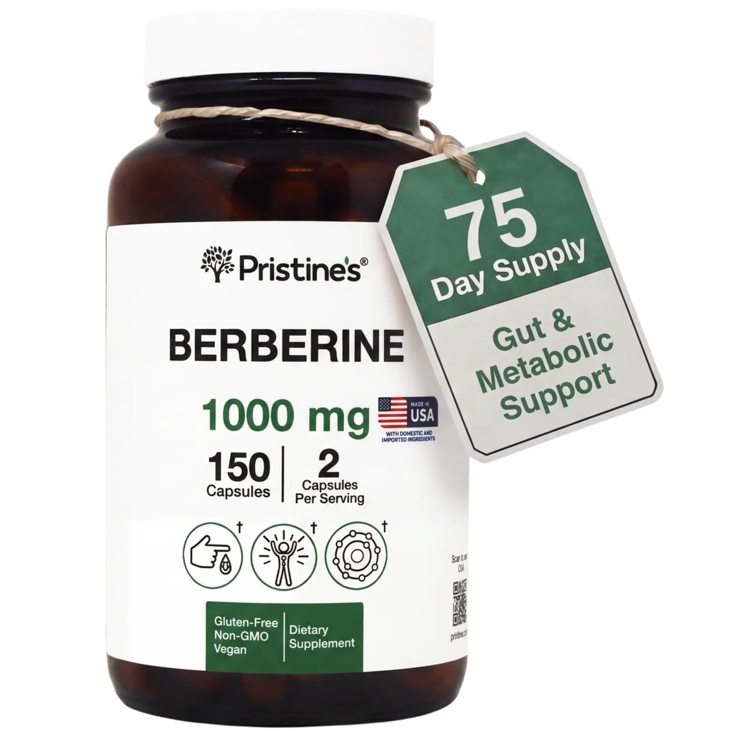 Κάψουλες Συμπληρώματος Βερβερίνης PRISTINE - 1000 MG 75 Ημέρα προσφοράς 150 Κάψουλες - Καρδιά, & Ανοσία Υποστήριξη Υγείας Αντιοξειδωτικό - Digestive Tract & Healthy Gut Flora Support