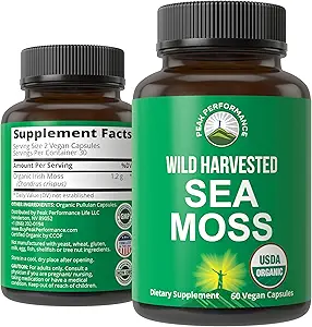 Organic Sea Moss Capsules. Wild Harvested Sea Moss Raw Organic Vegan Supplement from Red Algae Seaweed. 100% Whole Extract Raw Irish SeaMoss Superfood Pills. for Gut, Respiratory, Immune Support.