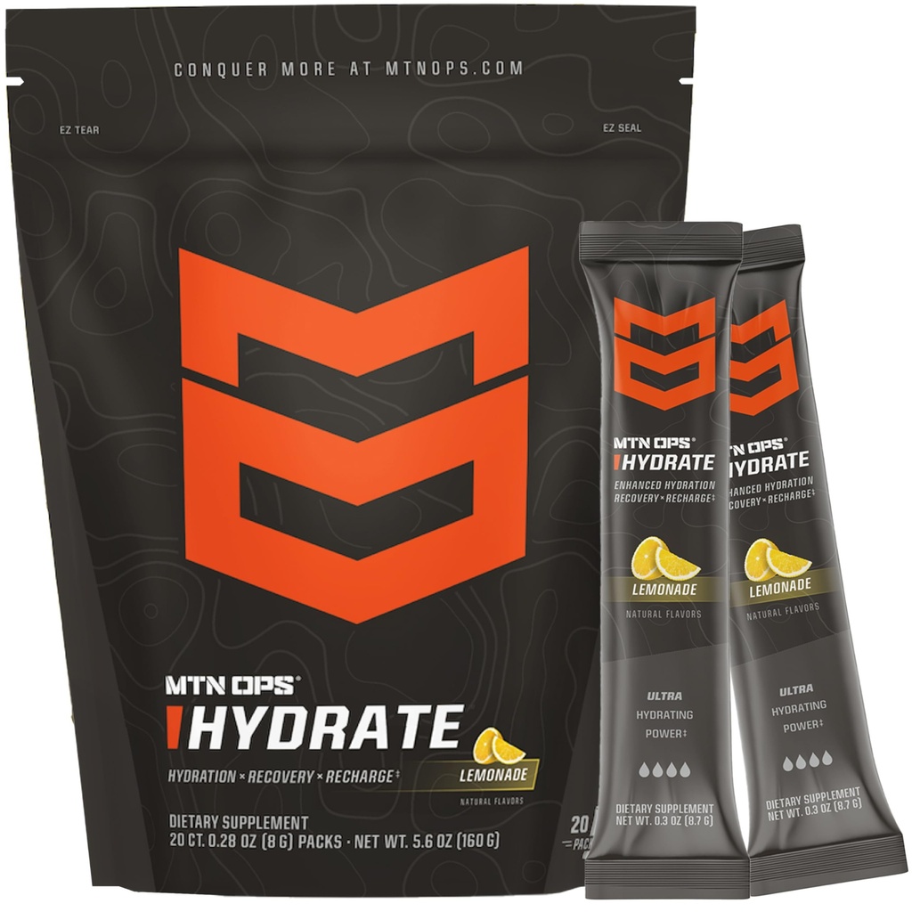 MTN OPS Hydrate Electrolytes Powder Drink Mix, 20 Μονές Ηλεκτρολυτικές Συσκευασίες On-The-Go με Πάνω από 1000mg Ηλεκτρολυτών ανά Σερβίρισμα, Λεμονάδα