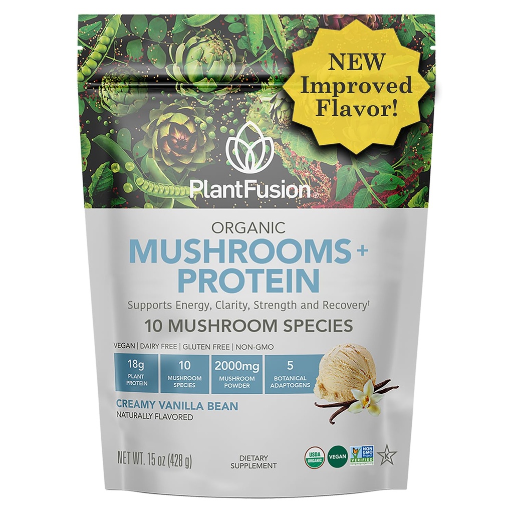 Φυτική έγχυση Mushroom Protein Powder - 3 σε 1 Vegan Protein Powder, Mushroom Supplement, and Adaptogen Supplement - Υποστήριξη Ψυχική Εστίαση, Ανοσία, και Ανάκτηση - Vanilla 1lb