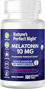 Nature's Perfect Night | Melatonin 10mg | 180 Quick Dissolve Tablets | Natural Mixed Berry Flavor |High Potency | Sugar Free | Vegan | Gluten Free | Value Size