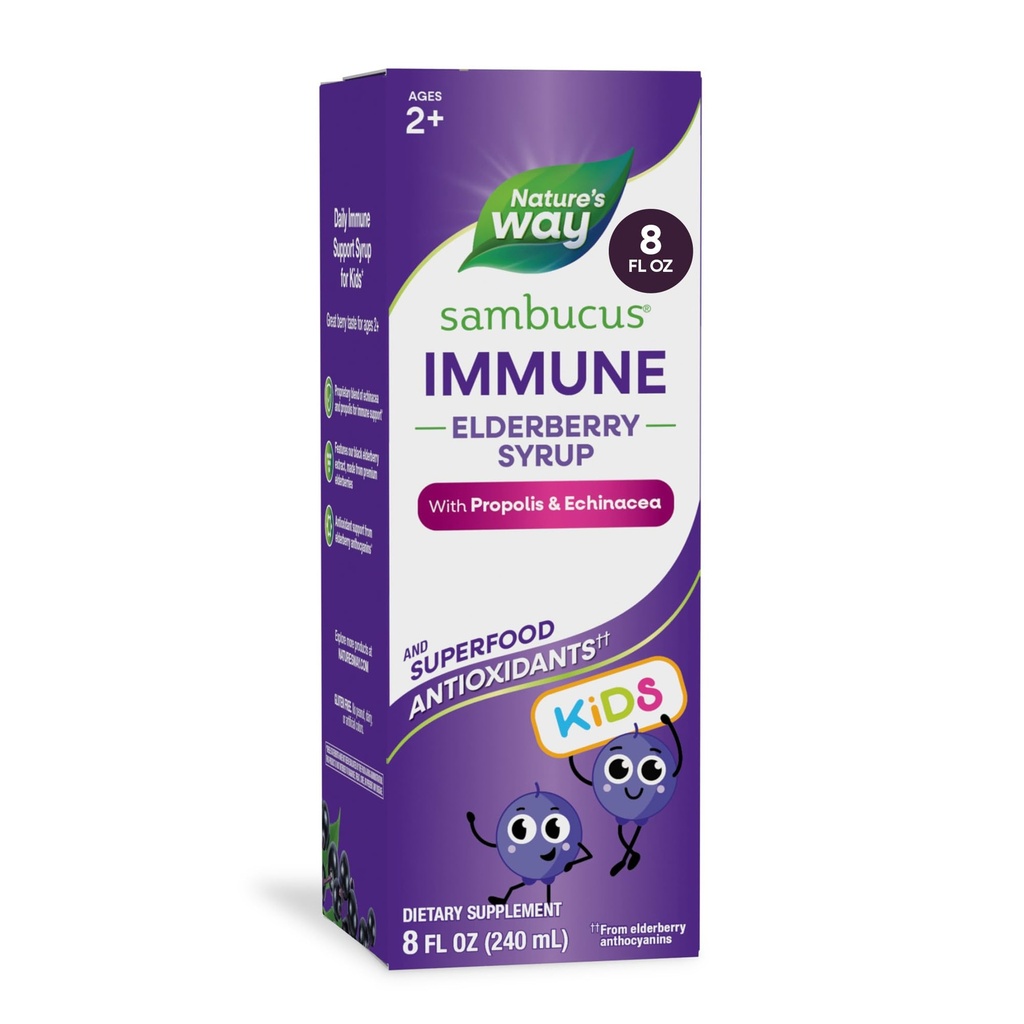 Nature's Way Sambucus Kids Immune Elderberry Syrup, Black Elderberry Extract with Echinacea & Propolis, Traditional Immune Support for Children with Superfood Antioxidants(1), Berry Flavored, 8 Fl Oz