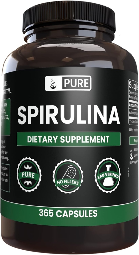 Αμιγώς πρωτότυπα συστατικά Spirulina (365 κάψουλες) Δεν Μαγνήσιο ή Ρύζι Fillers, Πάντα Αγνή, Εργαστήριο Επαληθευμένο